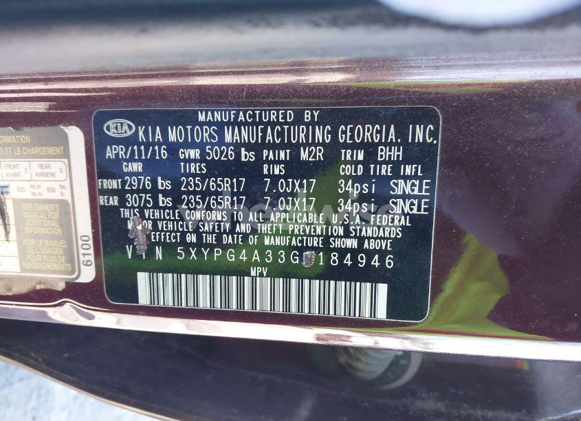 Photo 9 of 2016 Kia Sorento 2.4L LX (VIN 5XYPG4A33GG184946)