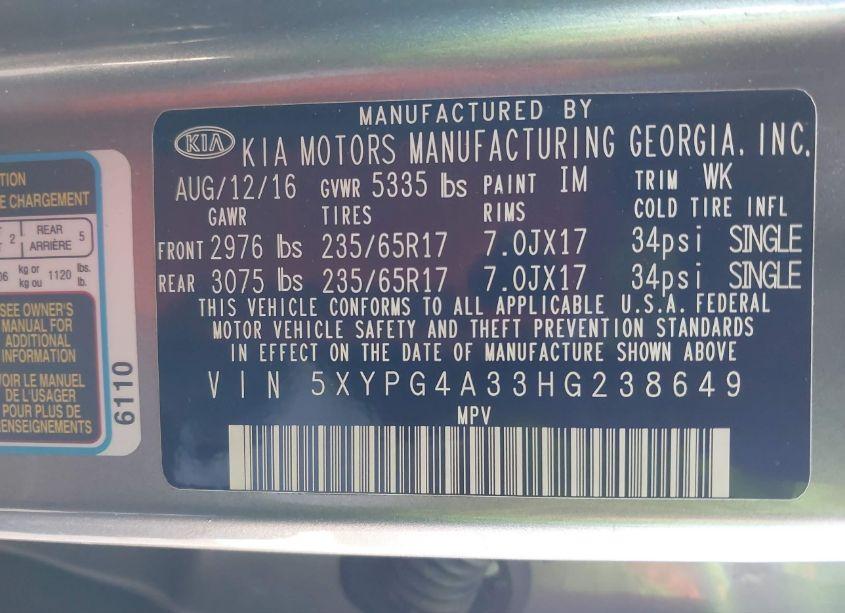 Photo 9 of 2017 Kia Sorento 2.4L LX (VIN 5XYPG4A33HG238649)