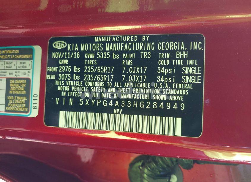 Photo 9 of 2017 Kia Sorento 2.4L LX (VIN 5XYPG4A33HG284949)