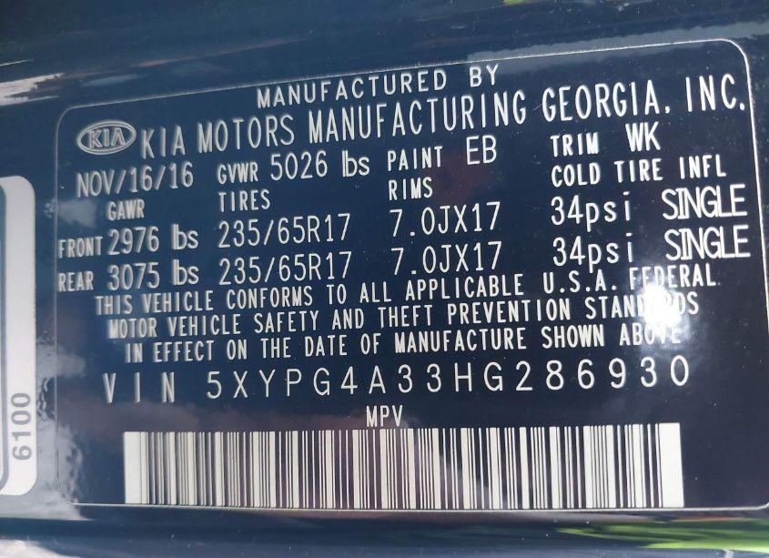 Photo 9 of 2017 Kia Sorento 2.4L L (VIN 5XYPG4A33HG286930)