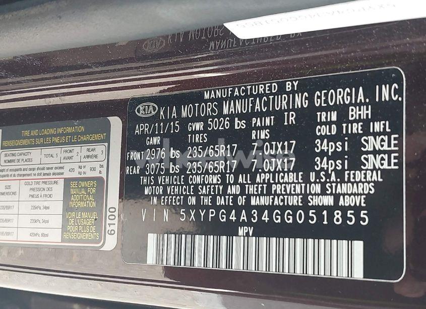 Photo 9 of 2016 Kia Sorento 2.4L LX (VIN 5XYPG4A34GG051855)