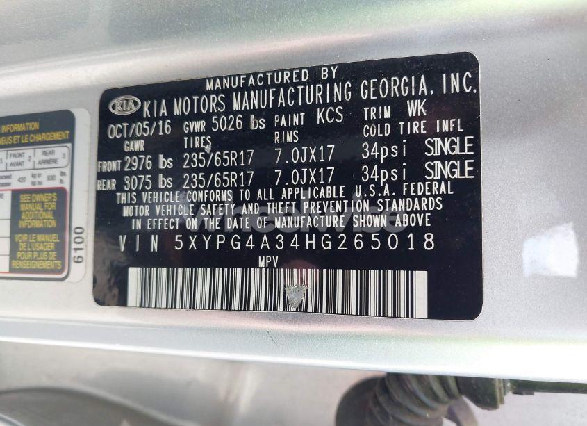 Photo 9 of 2017 Kia Sorento 2.4L LX (VIN 5XYPG4A34HG265018)