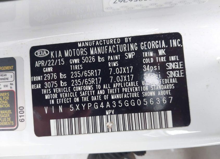 Photo 9 of 2016 Kia Sorento 2.4L LX (VIN 5XYPG4A35GG056367)