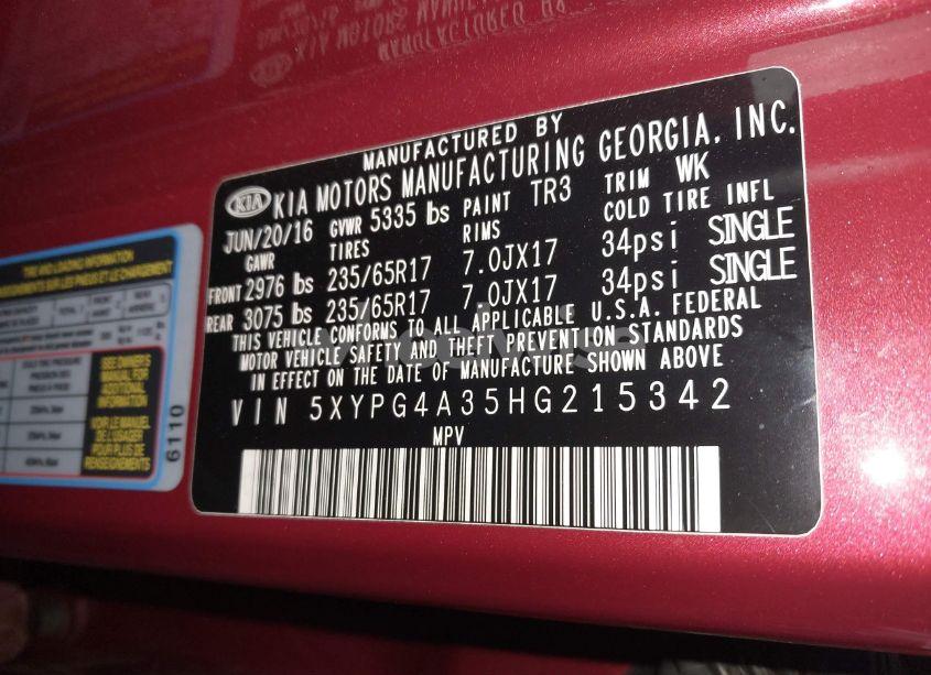 Photo 9 of 2017 Kia Sorento 2.4L LX (VIN 5XYPG4A35HG215342)