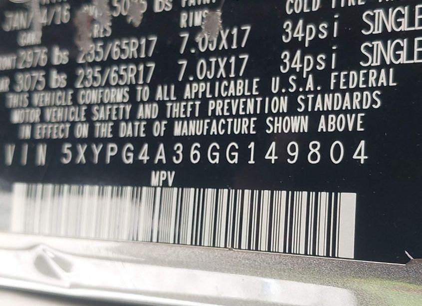 Photo 9 of 2016 Kia Sorento 2.4L L (VIN 5XYPG4A36GG149804)