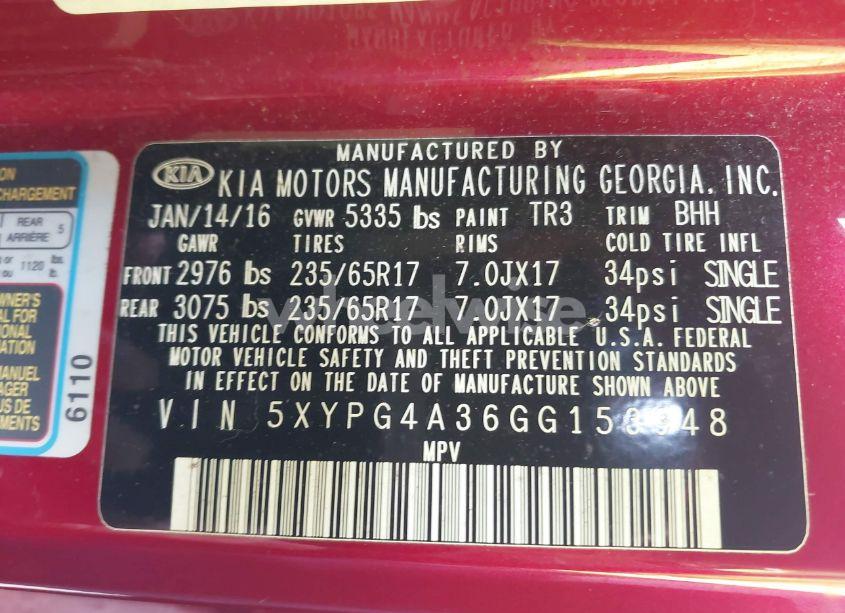 Photo 9 of 2016 Kia Sorento 2.4L LX (VIN 5XYPG4A36GG153948)