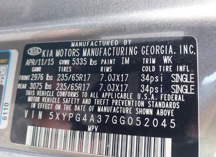 Photo 9 of 2016 Kia Sorento 2.4L LX (VIN 5XYPG4A37GG052045)