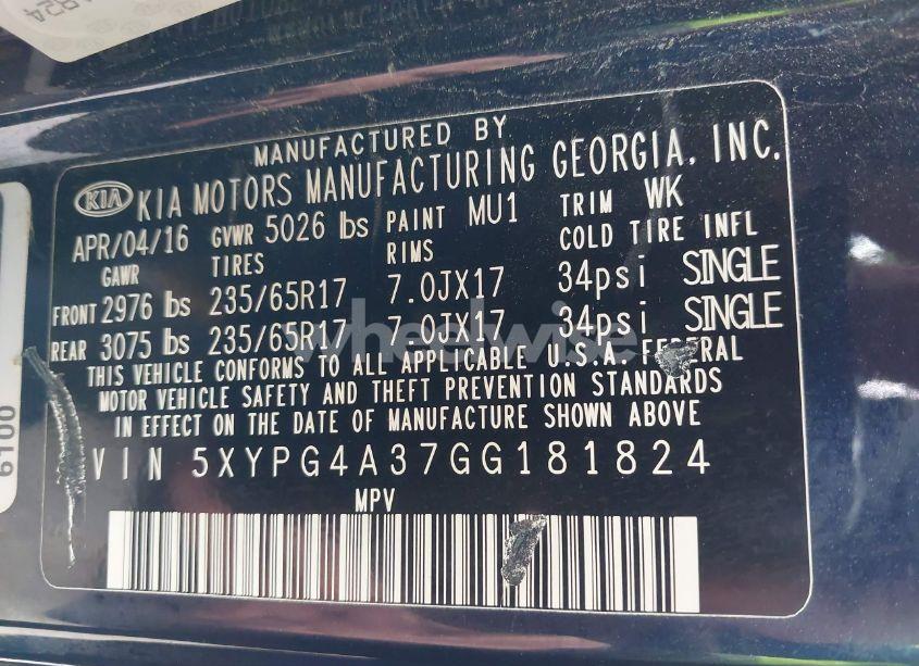 Photo 9 of 2016 Kia Sorento 2.4L LX (VIN 5XYPG4A37GG181824)