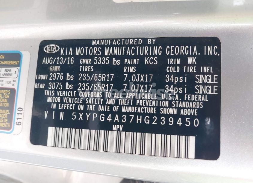 Photo 9 of 2017 Kia Sorento 2.4L LX (VIN 5XYPG4A37HG239450)