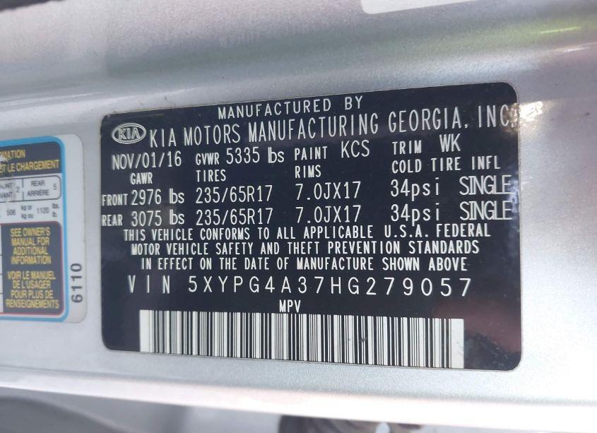 Photo 9 of 2017 Kia Sorento 2.4L LX (VIN 5XYPG4A37HG279057)