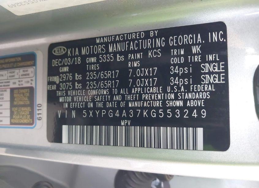 Photo 9 of 2019 Kia Sorento 2.4L L (VIN 5XYPG4A37KG553249)