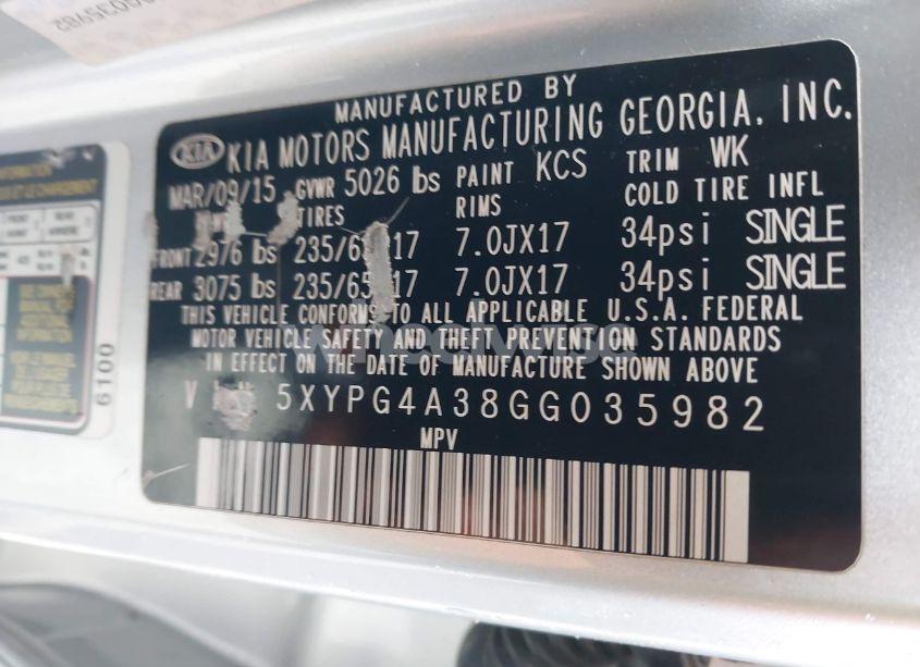 Photo 9 of 2016 Kia Sorento 2.4L LX (VIN 5XYPG4A38GG035982)