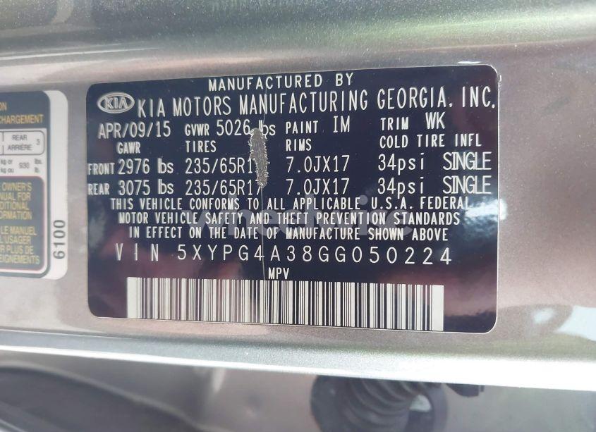 Photo 9 of 2016 Kia Sorento 2.4L LX (VIN 5XYPG4A38GG050224)