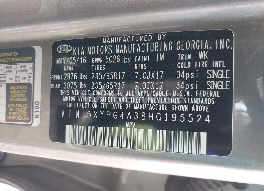 Photo 9 of 2017 Kia Sorento 2.4L LX (VIN 5XYPG4A38HG195524)