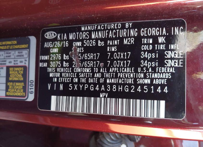 Photo 9 of 2017 Kia Sorento 2.4L LX (VIN 5XYPG4A38HG245144)