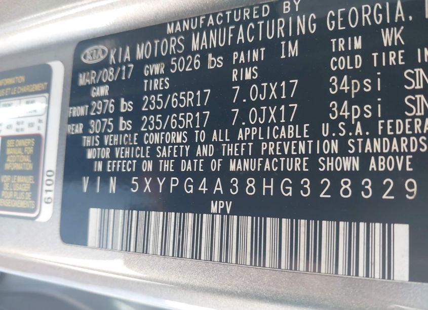 Photo 9 of 2017 Kia Sorento 2.4L L (VIN 5XYPG4A38HG328329)