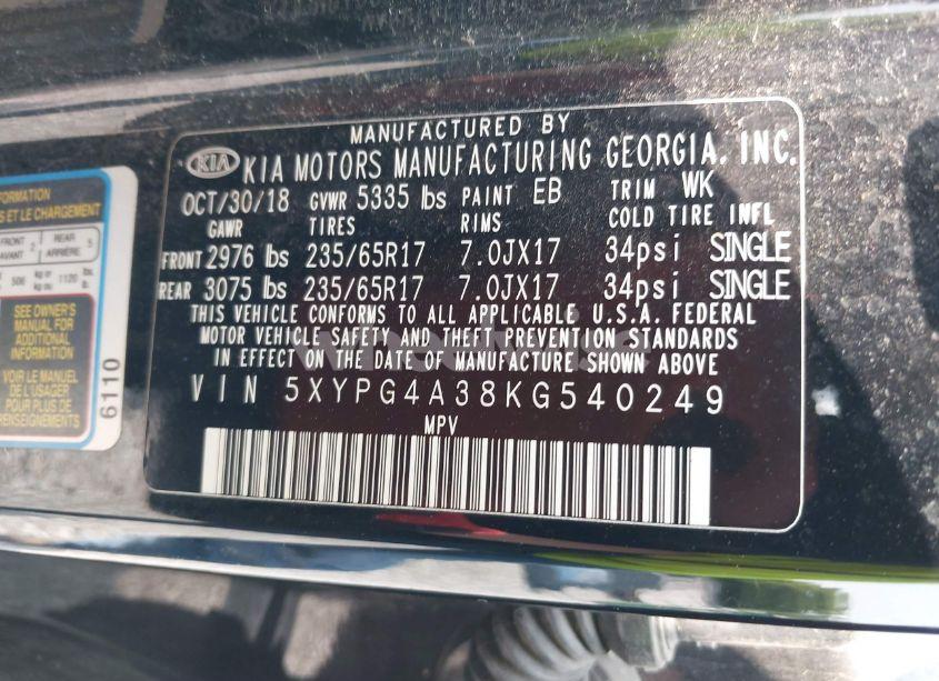Photo 9 of 2019 Kia Sorento 2.4L L (VIN 5XYPG4A38KG540249)