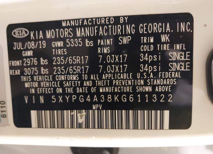 Photo 9 of 2019 Kia Sorento 2.4L L (VIN 5XYPG4A38KG611322)