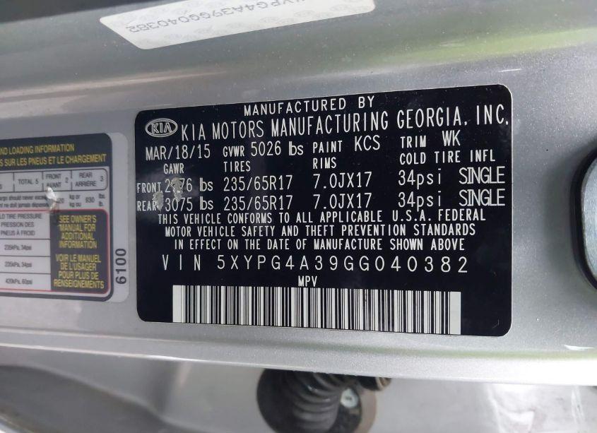 Photo 9 of 2016 Kia Sorento 2.4L LX (VIN 5XYPG4A39GG040382)