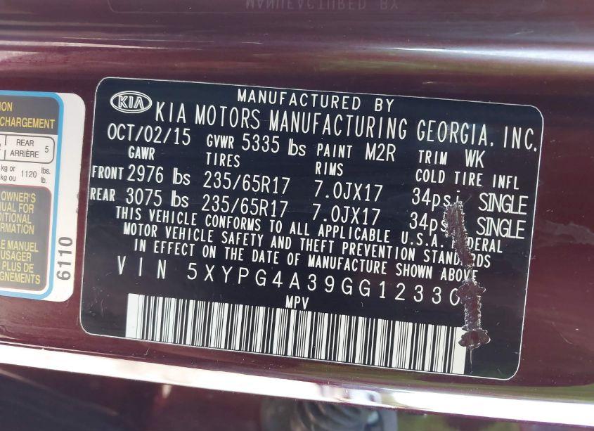 Photo 9 of 2016 Kia Sorento 2.4L LX (VIN 5XYPG4A39GG123309)