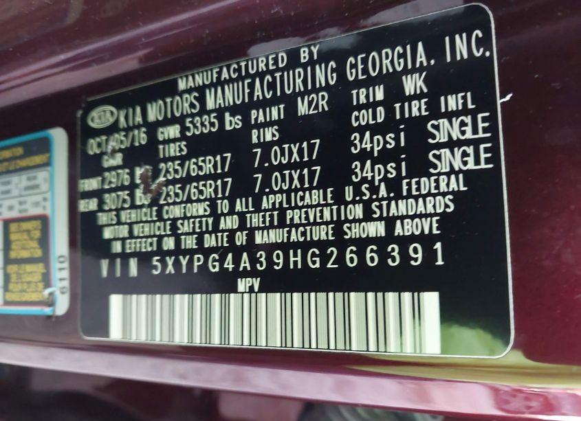 Photo 9 of 2017 Kia Sorento 2.4L LX (VIN 5XYPG4A39HG266391)