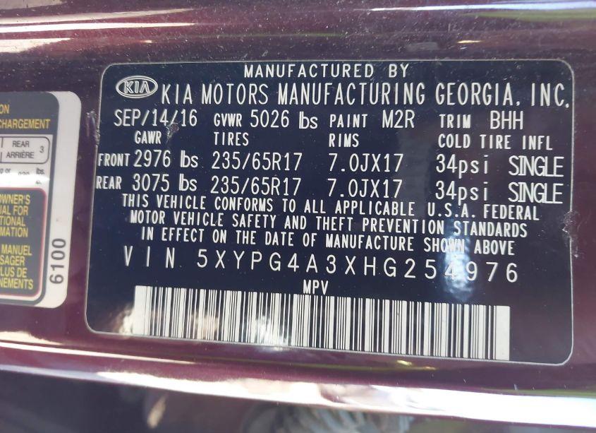 Photo 9 of 2017 Kia Sorento 2.4L LX (VIN 5XYPG4A3XHG254976)