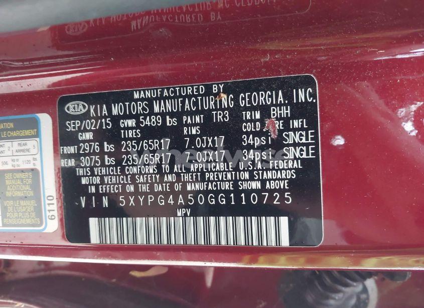 Photo 9 of 2016 Kia Sorento 3.3L LX (VIN 5XYPG4A50GG110725)