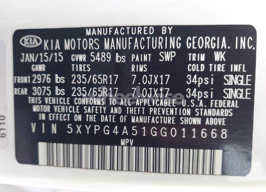 Photo 9 of 2016 Kia Sorento 3.3L LX (VIN 5XYPG4A51GG011668)