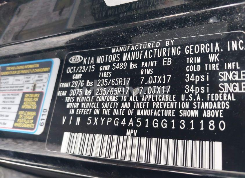 Photo 9 of 2016 Kia Sorento 3.3L LX (VIN 5XYPG4A51GG131180)