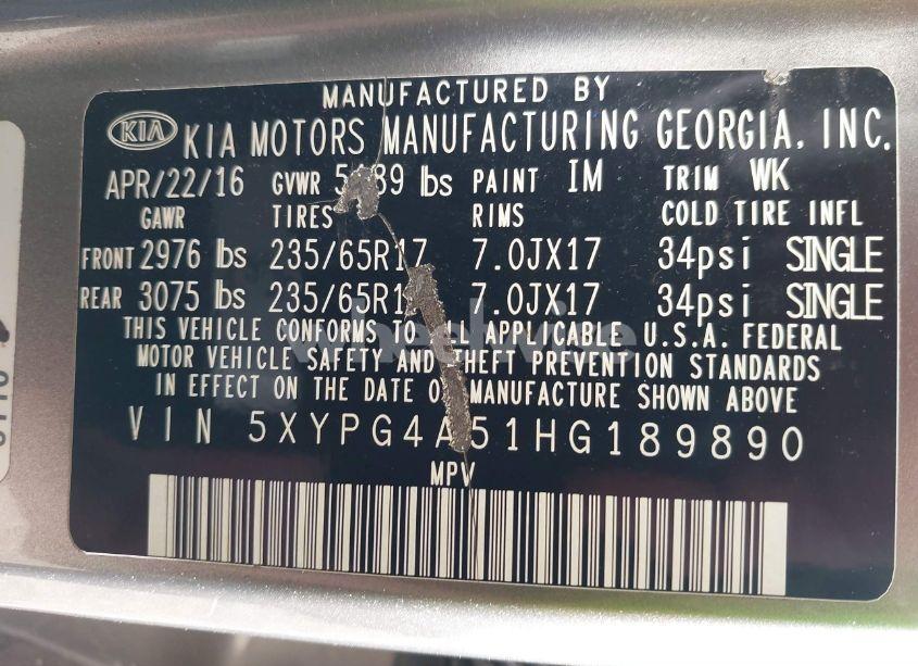 Photo 9 of 2017 Kia Sorento 3.3L LX (VIN 5XYPG4A51HG189890)