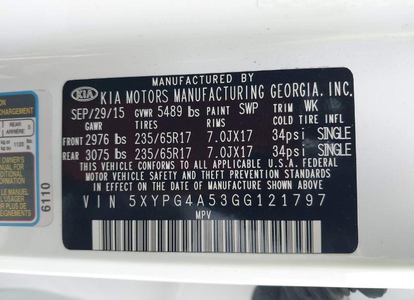Photo 9 of 2016 Kia Sorento 3.3L LX (VIN 5XYPG4A53GG121797)