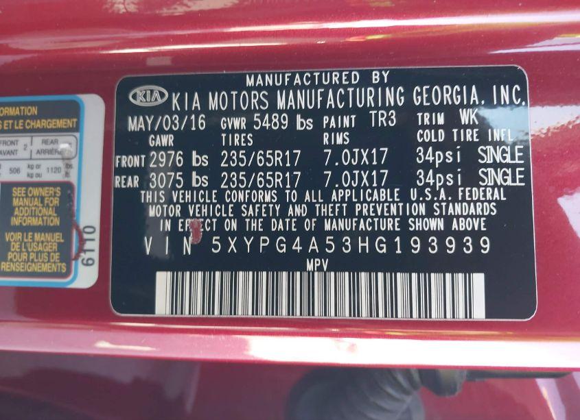 Photo 9 of 2017 Kia Sorento 3.3L LX (VIN 5XYPG4A53HG193939)