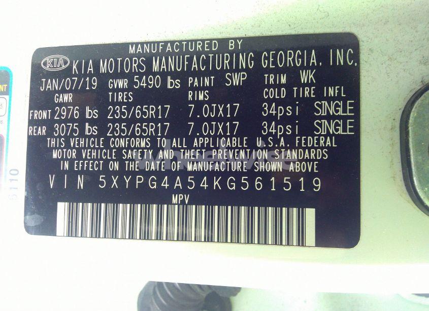 Photo 9 of 2019 Kia Sorento 3.3L LX (VIN 5XYPG4A54KG561519)