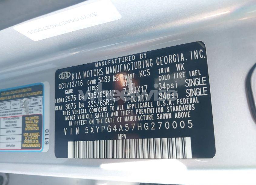 Photo 9 of 2017 Kia Sorento 3.3L LX (VIN 5XYPG4A57HG270005)