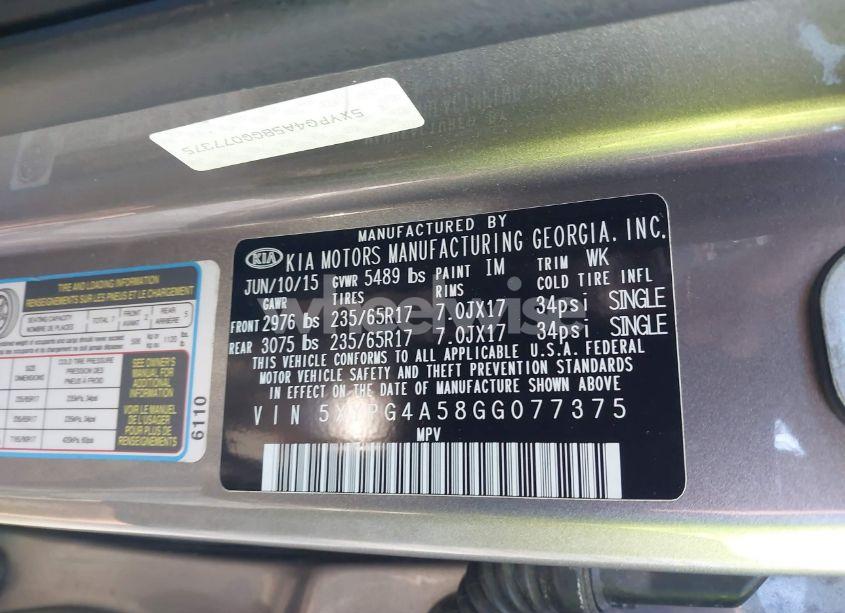 Photo 9 of 2016 Kia Sorento 3.3L LX (VIN 5XYPG4A58GG077375)