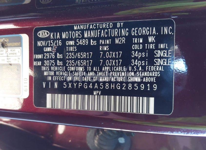 Photo 9 of 2017 Kia Sorento 3.3L LX (VIN 5XYPG4A58HG285919)