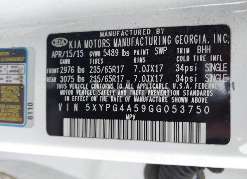 Photo 9 of 2016 Kia Sorento 3.3L LX (VIN 5XYPG4A59GG053750)