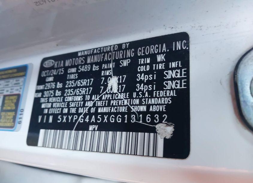 Photo 9 of 2016 Kia Sorento 3.3L LX (VIN 5XYPG4A5XGG131632)