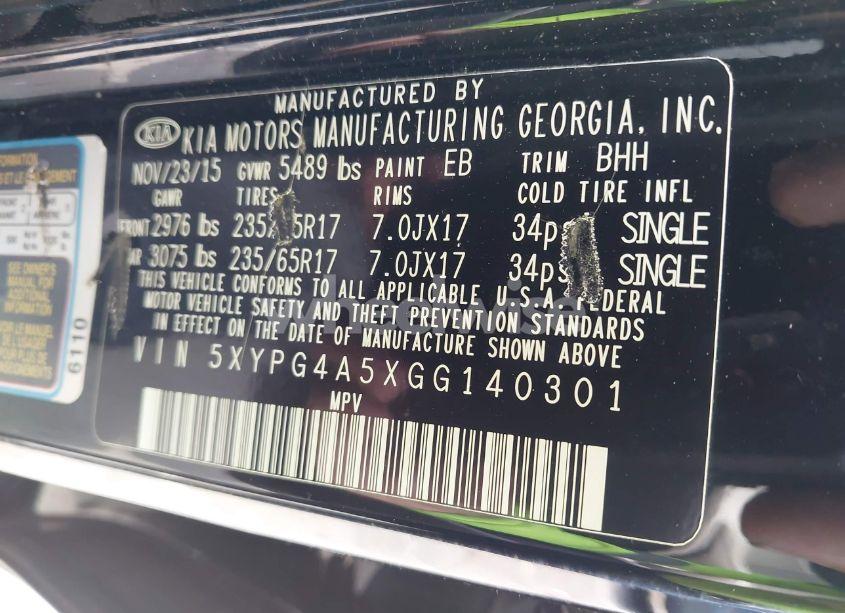 Photo 9 of 2016 Kia Sorento 3.3L LX (VIN 5XYPG4A5XGG140301)