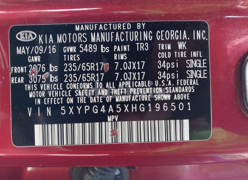 Photo 9 of 2017 Kia Sorento 3.3L LX (VIN 5XYPG4A5XHG196501)