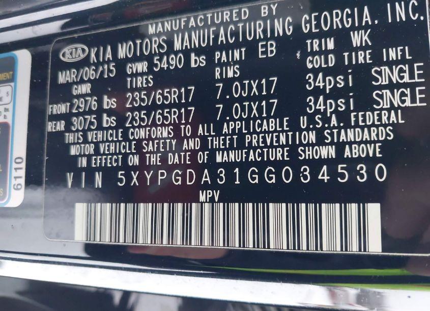 Photo 9 of 2016 Kia Sorento 2.4L LX (VIN 5XYPGDA31GG034530)