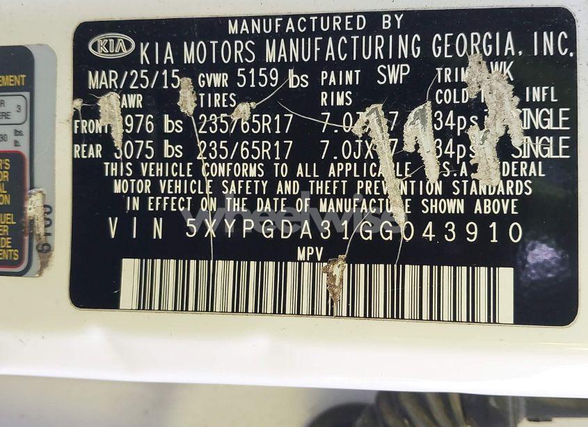 Photo 9 of 2016 Kia Sorento 2.4L LX (VIN 5XYPGDA31GG043910)