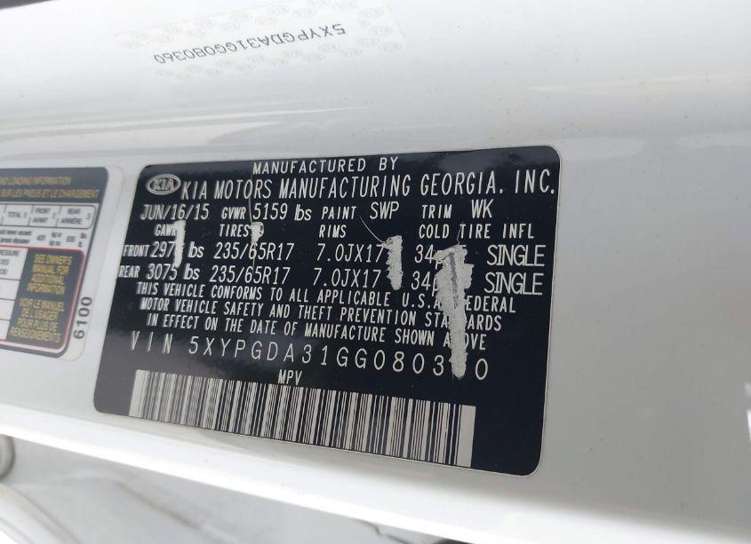 Photo 9 of 2016 Kia Sorento 2.4L LX (VIN 5XYPGDA31GG080360)