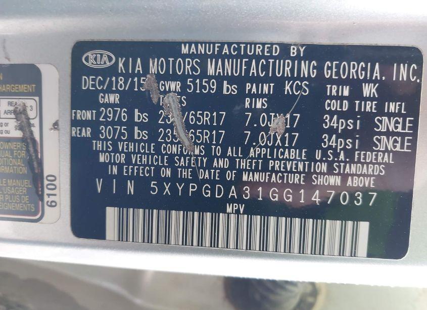 Photo 9 of 2016 Kia Sorento 2.4L LX (VIN 5XYPGDA31GG147037)