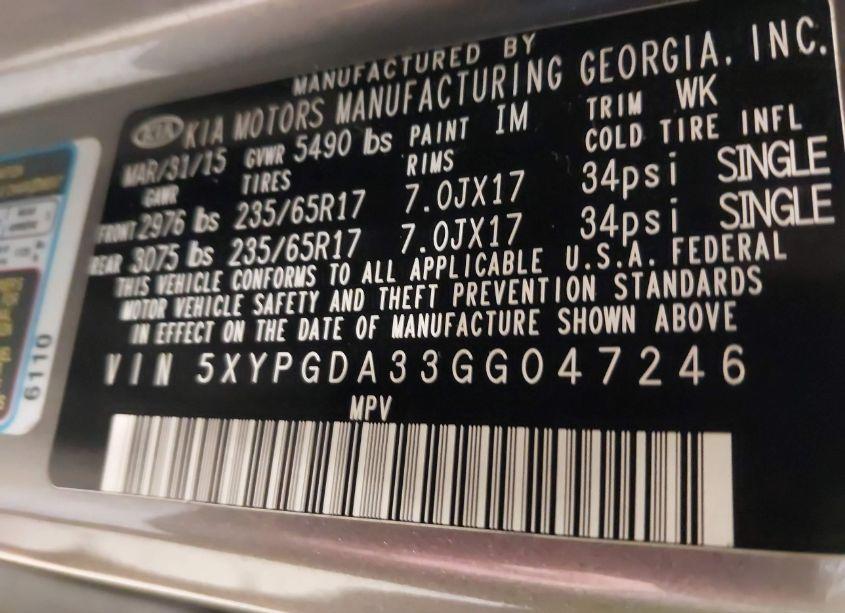 Photo 9 of 2016 Kia Sorento 2.4L LX (VIN 5XYPGDA33GG047246)