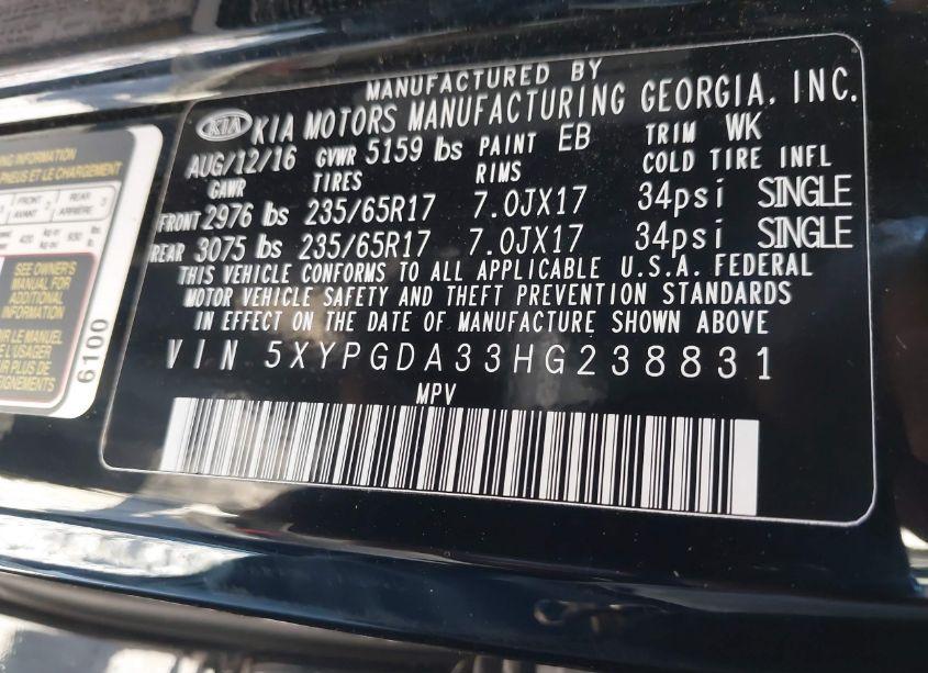 Photo 9 of 2017 Kia Sorento 2.4L LX (VIN 5XYPGDA33HG238831)