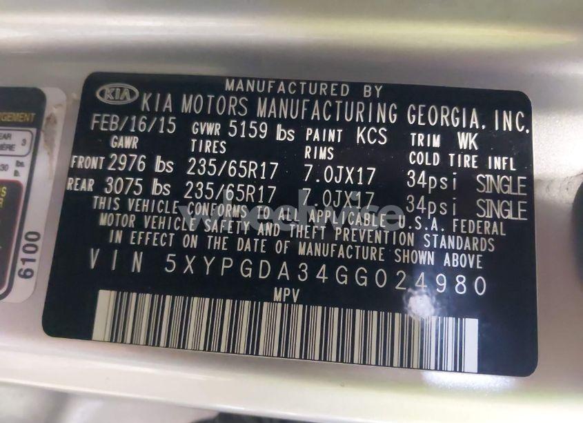 Photo 9 of 2016 Kia Sorento 2.4L LX (VIN 5XYPGDA34GG024980)