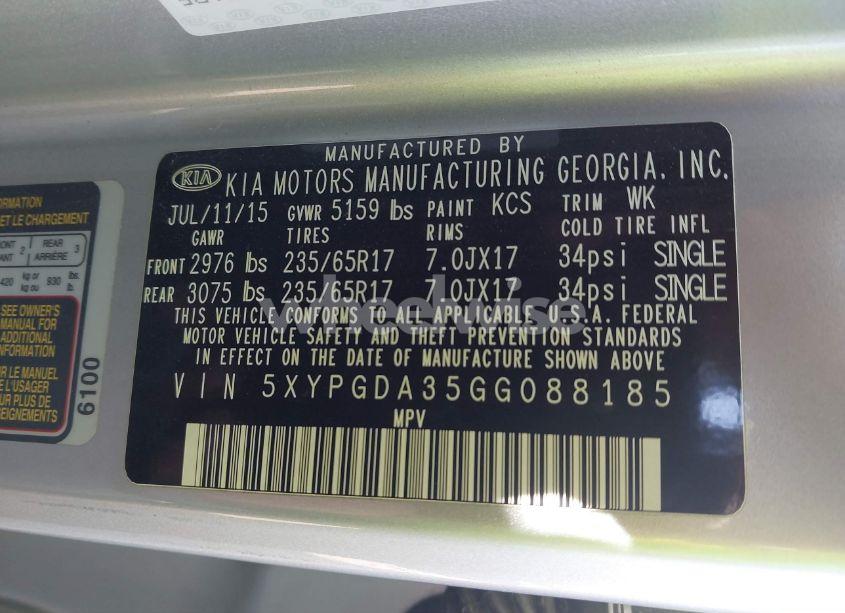 Photo 9 of 2016 Kia Sorento 2.4L LX (VIN 5XYPGDA35GG088185)