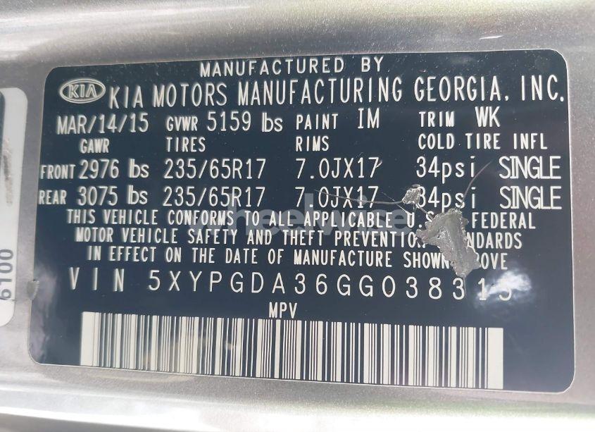 Photo 9 of 2016 Kia Sorento 2.4L LX (VIN 5XYPGDA36GG038315)