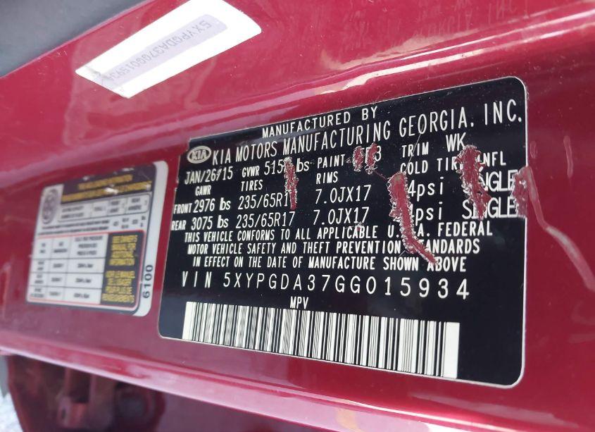 Photo 9 of 2016 Kia Sorento 2.4L LX (VIN 5XYPGDA37GG015934)